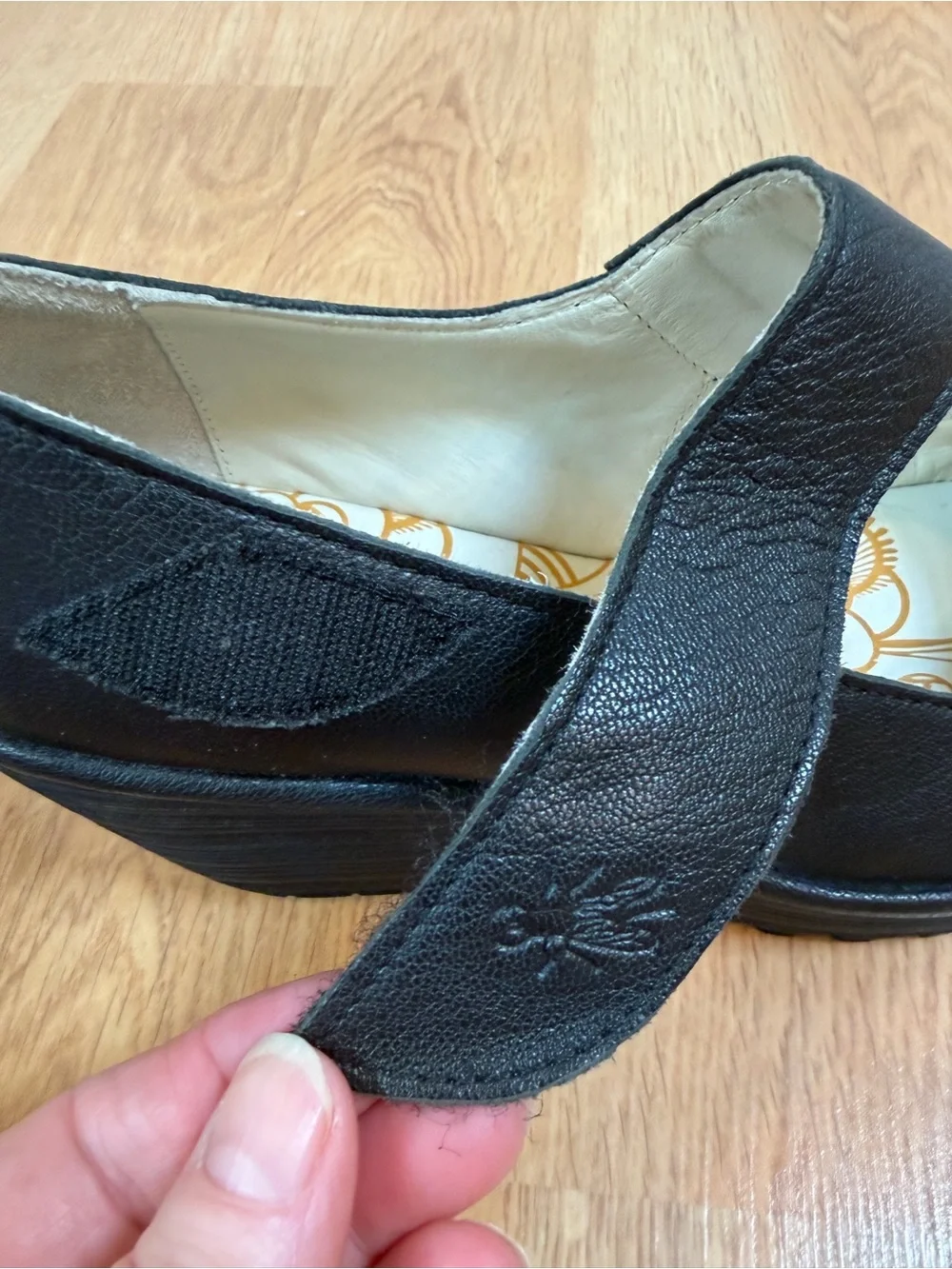 Fly London Black Leather Yasi Wedge Pump  Velcro Mary Jane Size 39 (8/8.5)